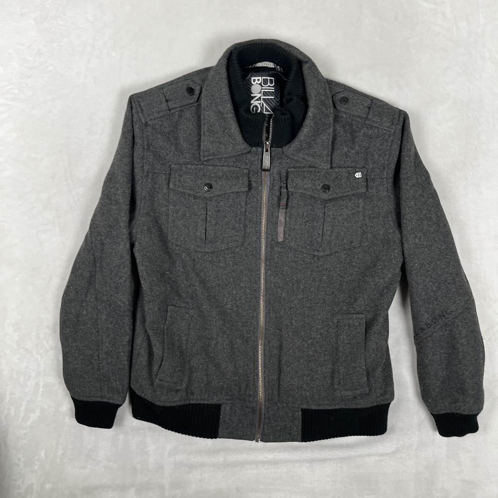 Billabong Jacket Mens Small Gray Wool Bomber Quilted Lined Full Zip Winter Y2K
